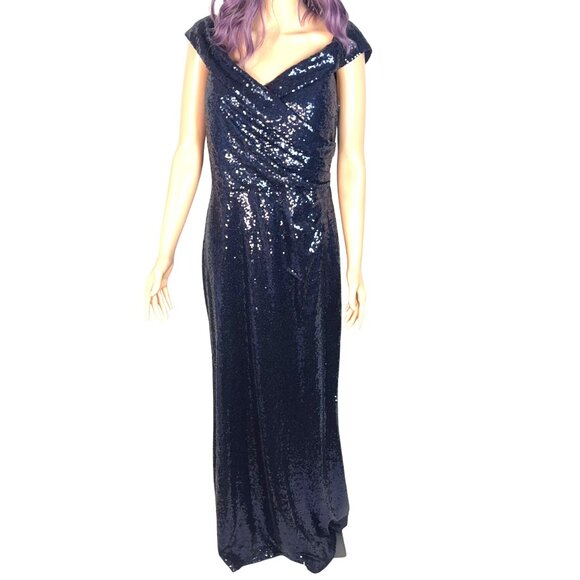 Vintage Marina Navy Blue Sequined Gown Size 12 Off The Shoulder Formal - Picture 11 of 14